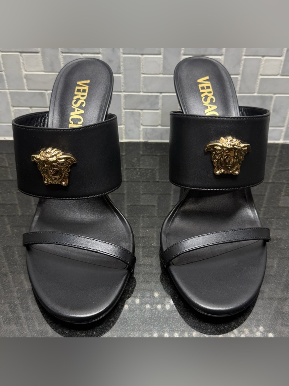 Versace Black Leather Platform Sandals Medallion Logo Slip On Women's EU 38 - Picture 3 of 7